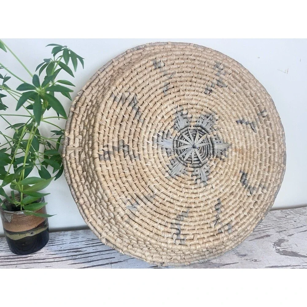 Vintage Large Rustic Primitive Woven Tray Basket Large Tan & Grey 16.5” Israel